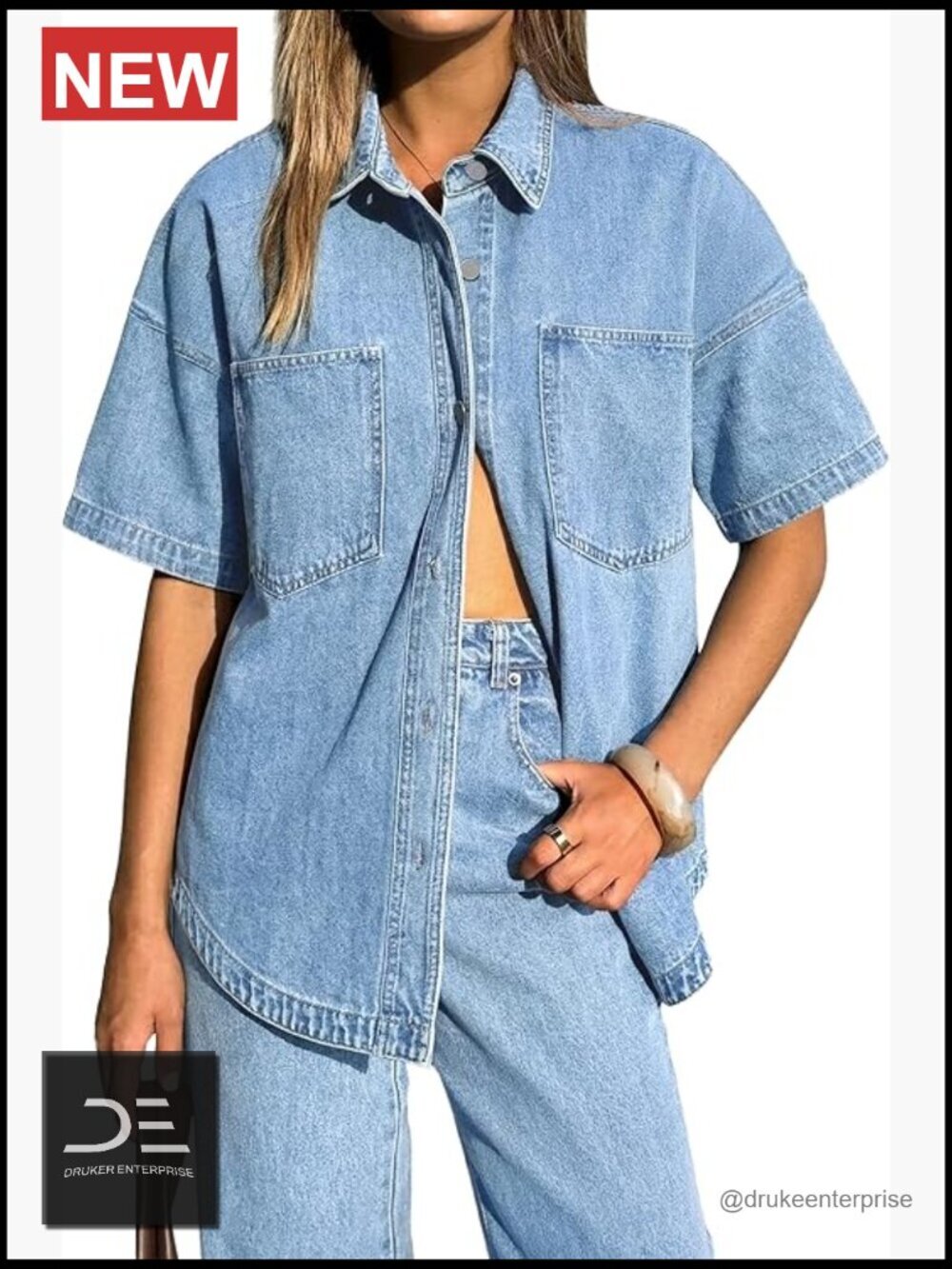 Oversized Denim Shirt Button Down Long Sleeve Blouse Jean Jacket Chambray